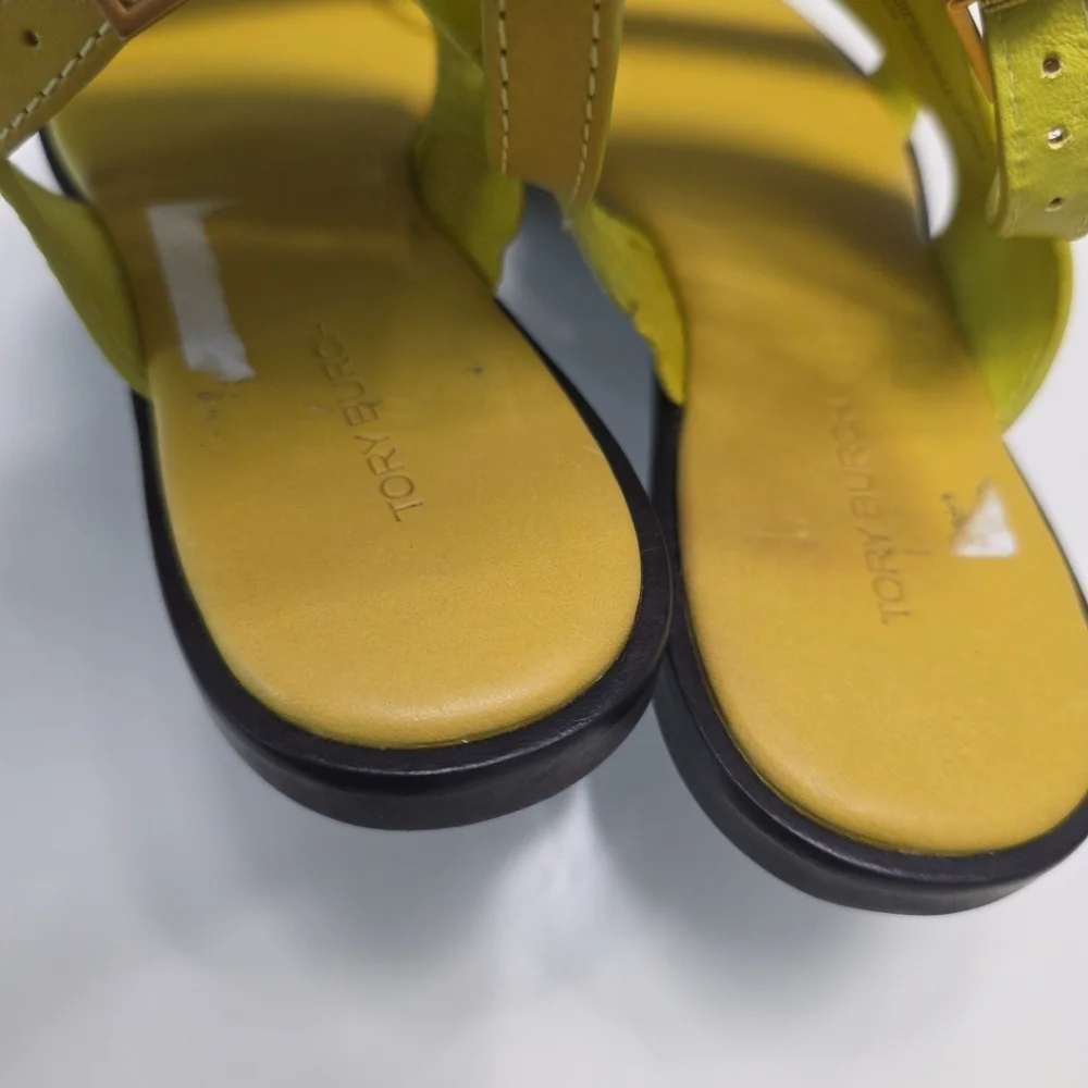 TORY BURCH Everly Double Strap Leather Flat Sandals in Island Chartreuse Size 5